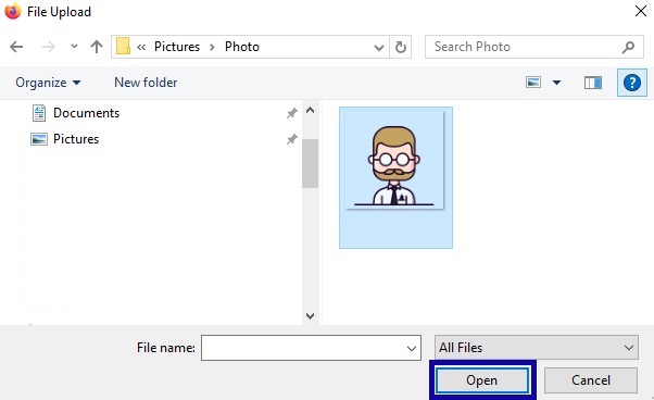 File browser window to select image.
