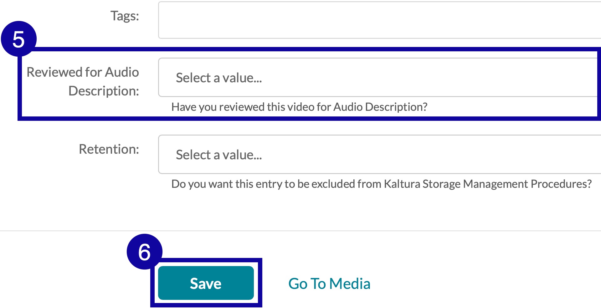 On the Details tab, select Yes from the Reviewed for Audio Description dropdown menu and select Save.