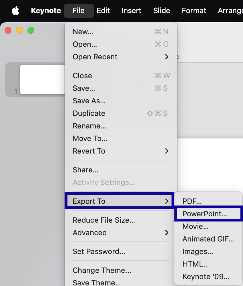 File menu in Apple Keynote.