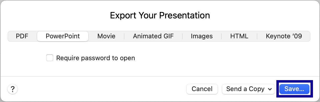 Export Your Presentation menu in Apple Keynote.