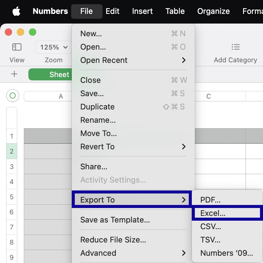 File menu in Apple Number.