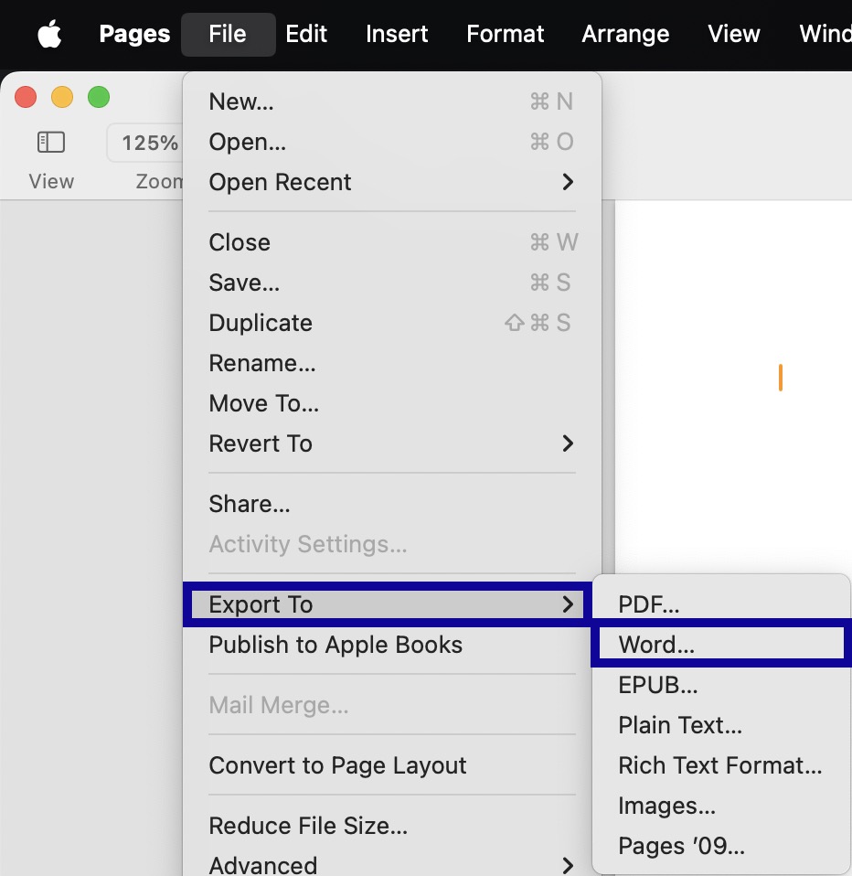 File menu in Apple Pages.