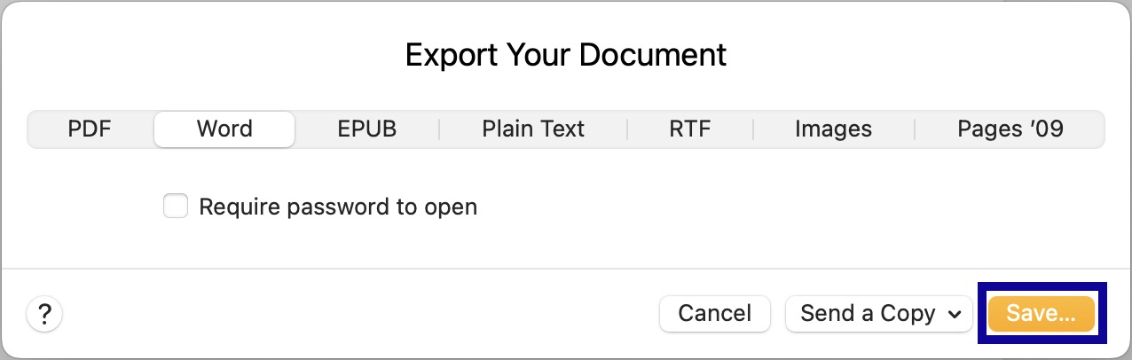 Export Your Document menu in Apple Pages.