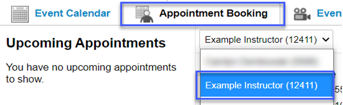 Screenshot highlighting the link to select the instructor in the Appointment Booking tab.