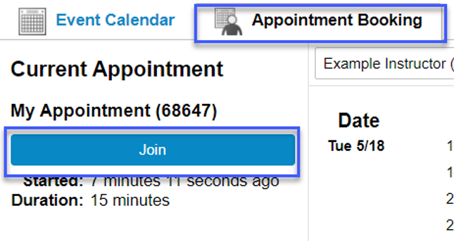 Screenshot highlighting the link to Join in the Appointment Booking tab.