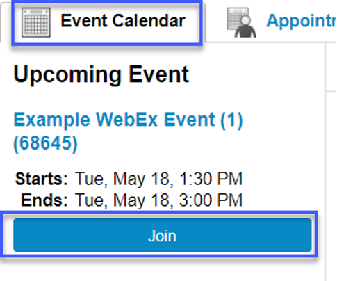 Screenshot highlighting the link to Join in the Event Calendar tab.