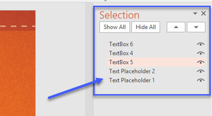 PowerPoint's Selection Pane will list the items on each slide.