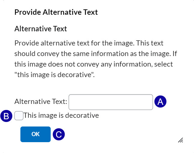 On the Provide Alternative Text pop-up, enter Alternative Text or select the checkbox to indicate that the image is decorative.