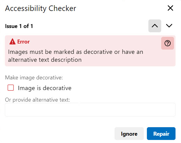 If issues are detected a message will appear that indicates how the content does not meet guidelines and suggests a way to fix the issue.