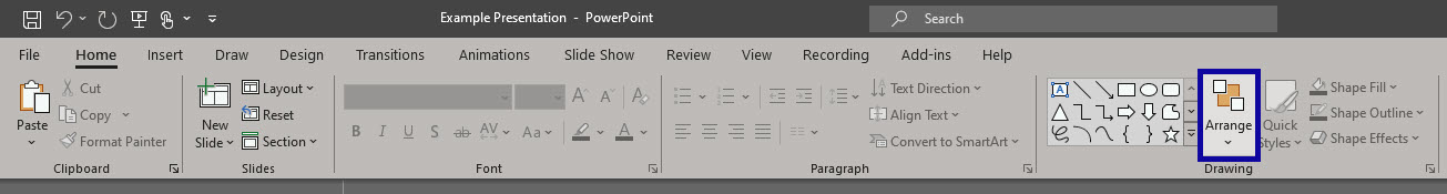 From the Home Tab, select Arrange.