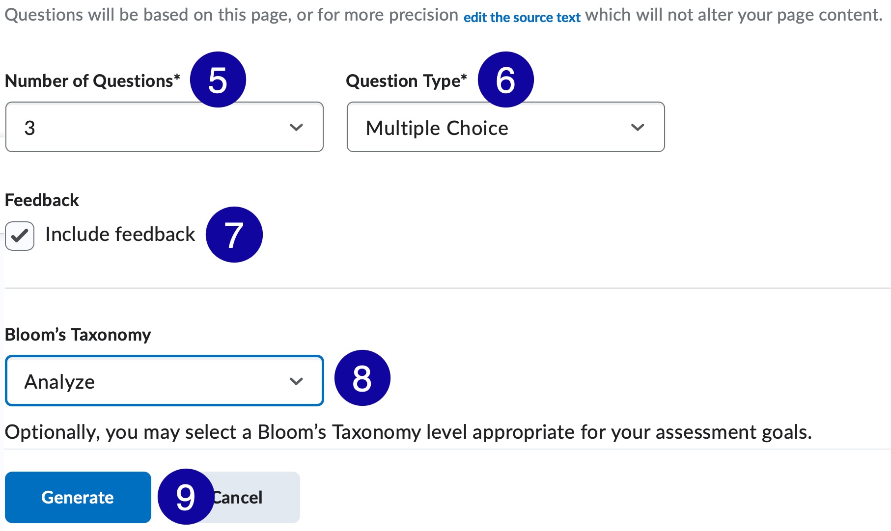 Lumi Question options for generating Quiz questions