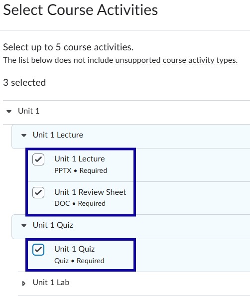 In the Select Course Activities dialog, select the checkbox(es) for up to five Course Activities to generate questions.
