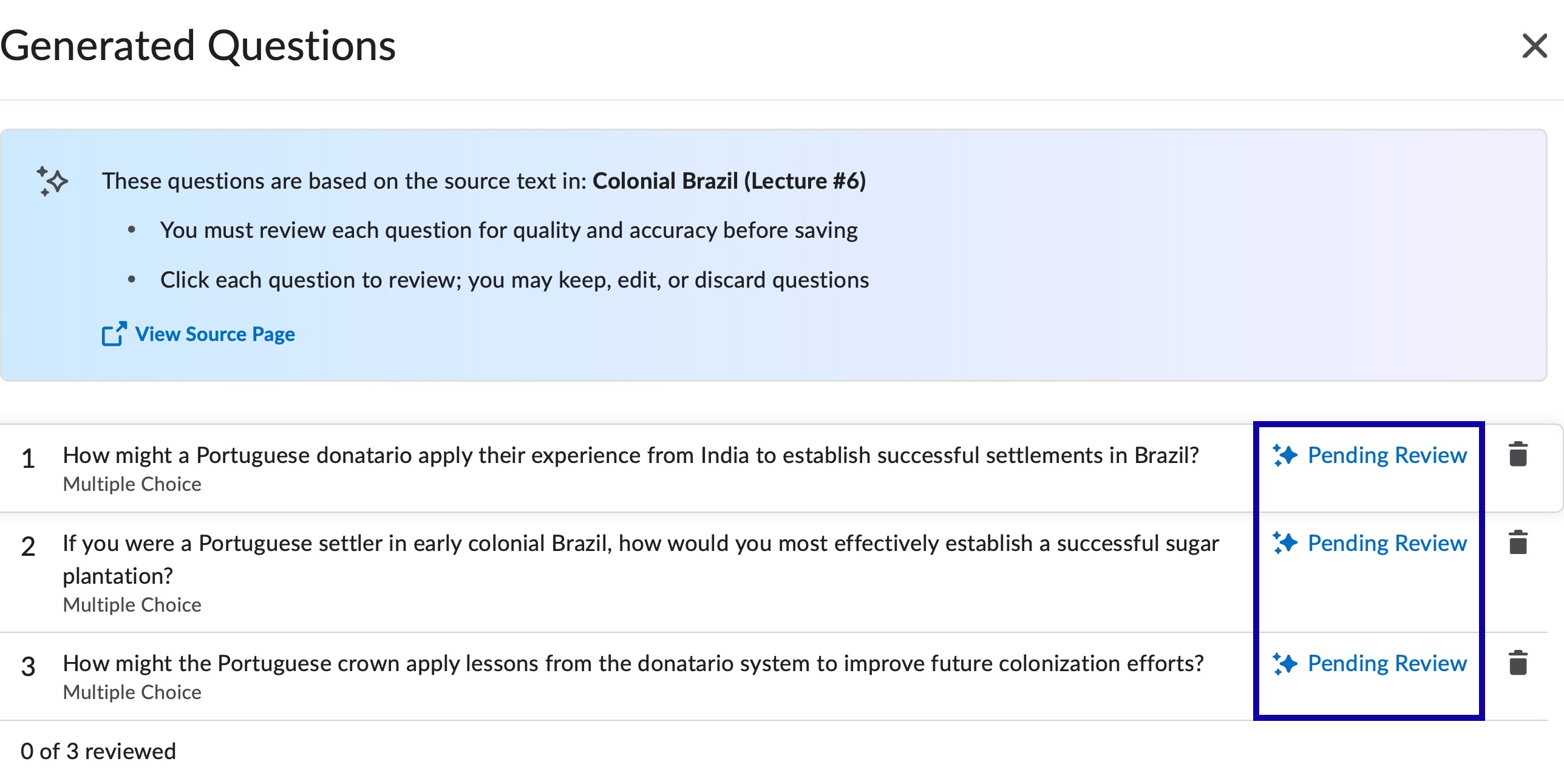 Select Pending Review to approve or disapprove a question generated by Lumi.