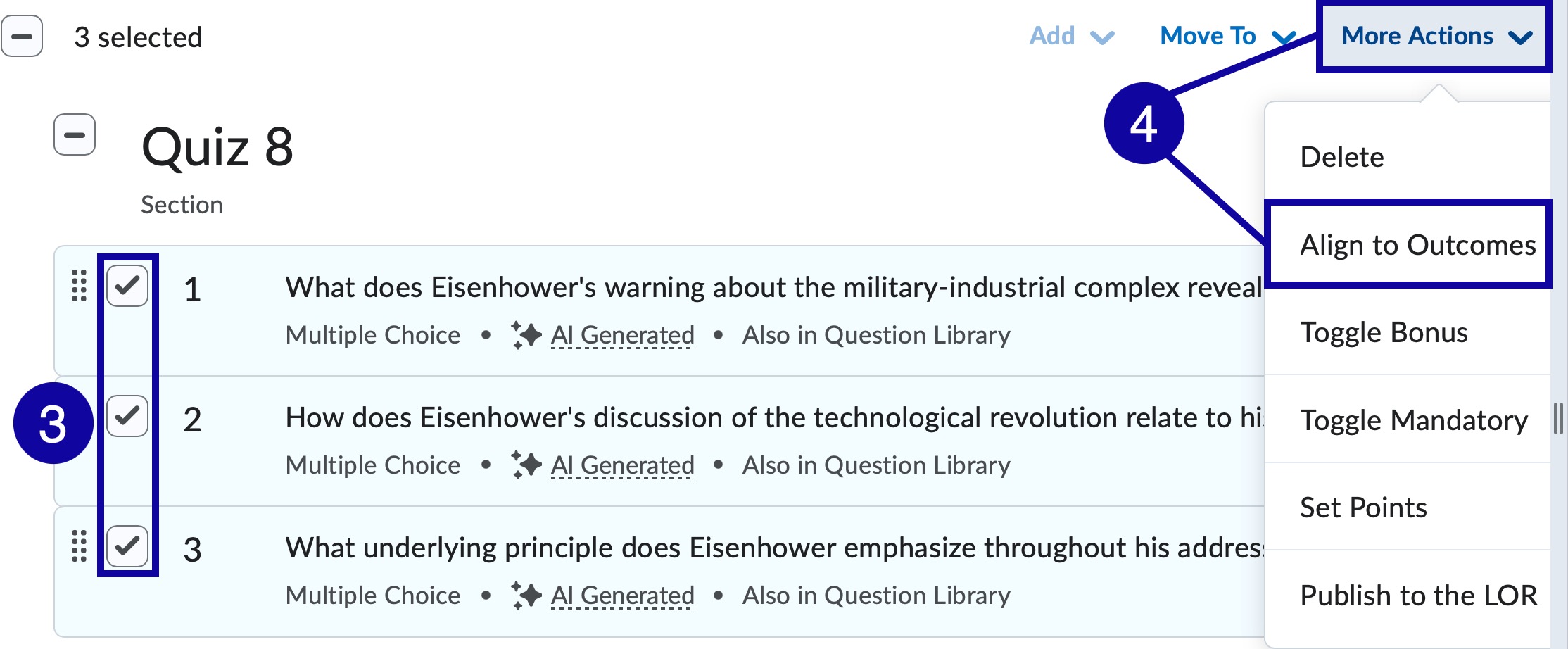 Select the checkbox(es), more actions, and align to outcomes