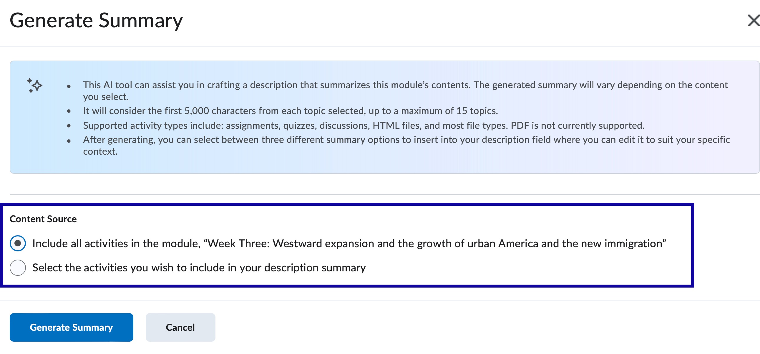 Select the content sources that will be sued to generate a summary