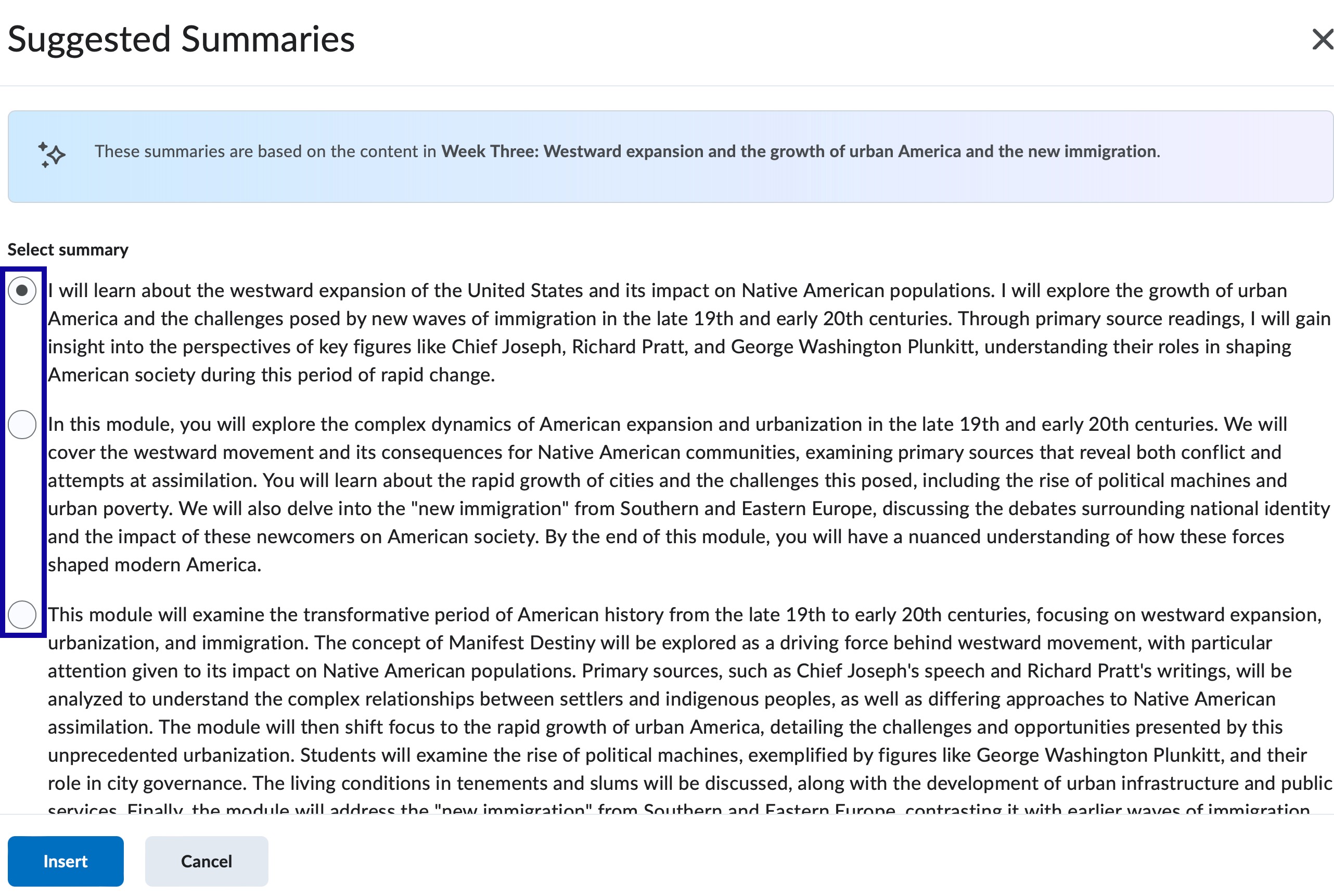 Select a generated summary to include in the module description.