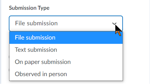 Submission types, File submission, Text submission, On paper submission, and Observed in person.