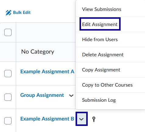 Edit Assignment selected on navigation drop-down menu.