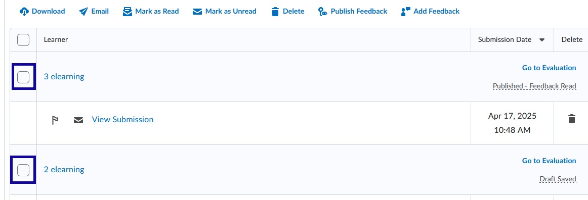 Checkboxes highlighted for learner