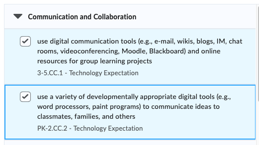 Communication and collaboration accordion with last item highlighted