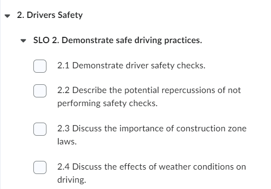 Four child learning outcomes with checkboxes nested under a parent outcome with no checkbox