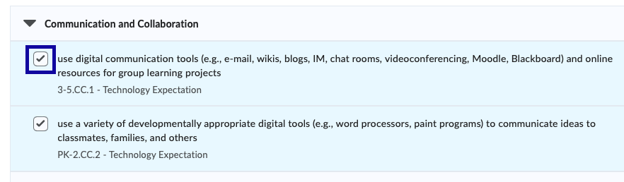 Communication and collaboration first item checked and highlighted