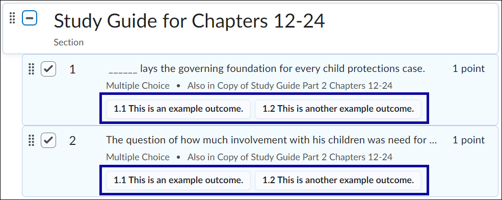 Outcomes applied to each question with items below each question