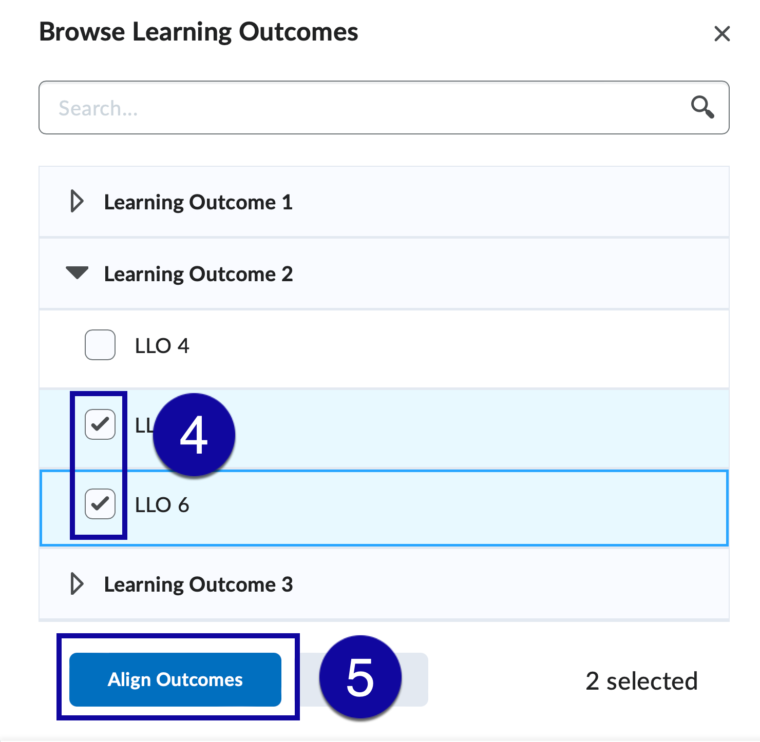 Learning outcomes 2 checked and highlighted with step 4 and 5