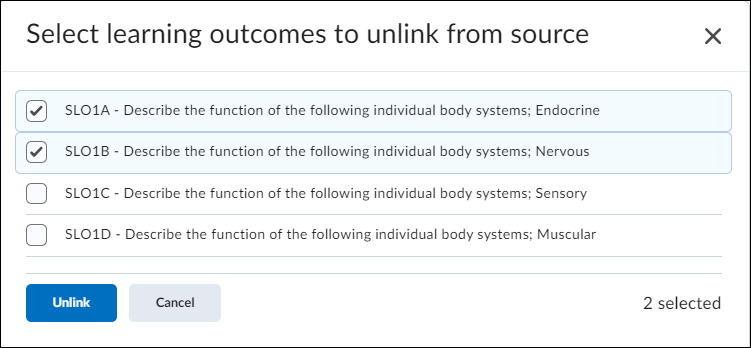 Select learning outcomes to unlink from source