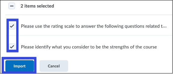 Select the questions you want to import, then select Save.