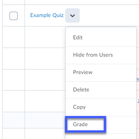 Screenshot of Quiz option dropdown menu, indicating Grade item selected.