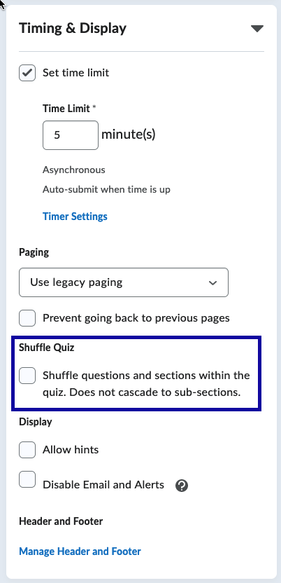 Quiz Timing Shuffle example