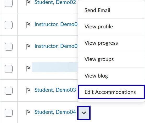 Select Edit Accommodations from the action menu for a particular student.