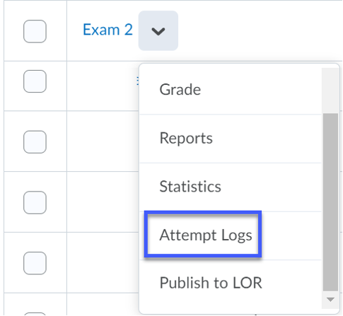 Quiz drop-down menu showing Attempt Logs option.