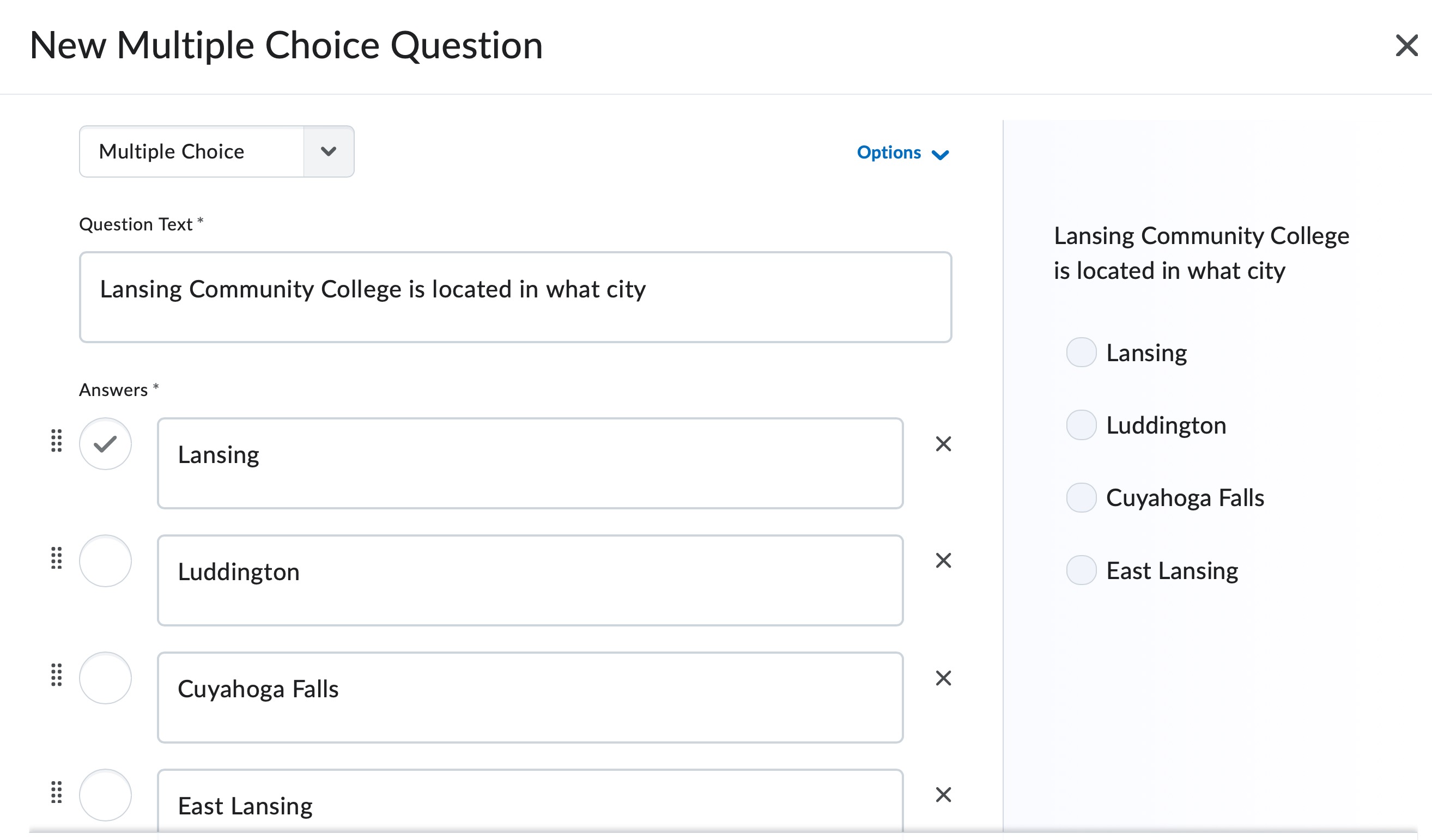 Multiple choice creation screen