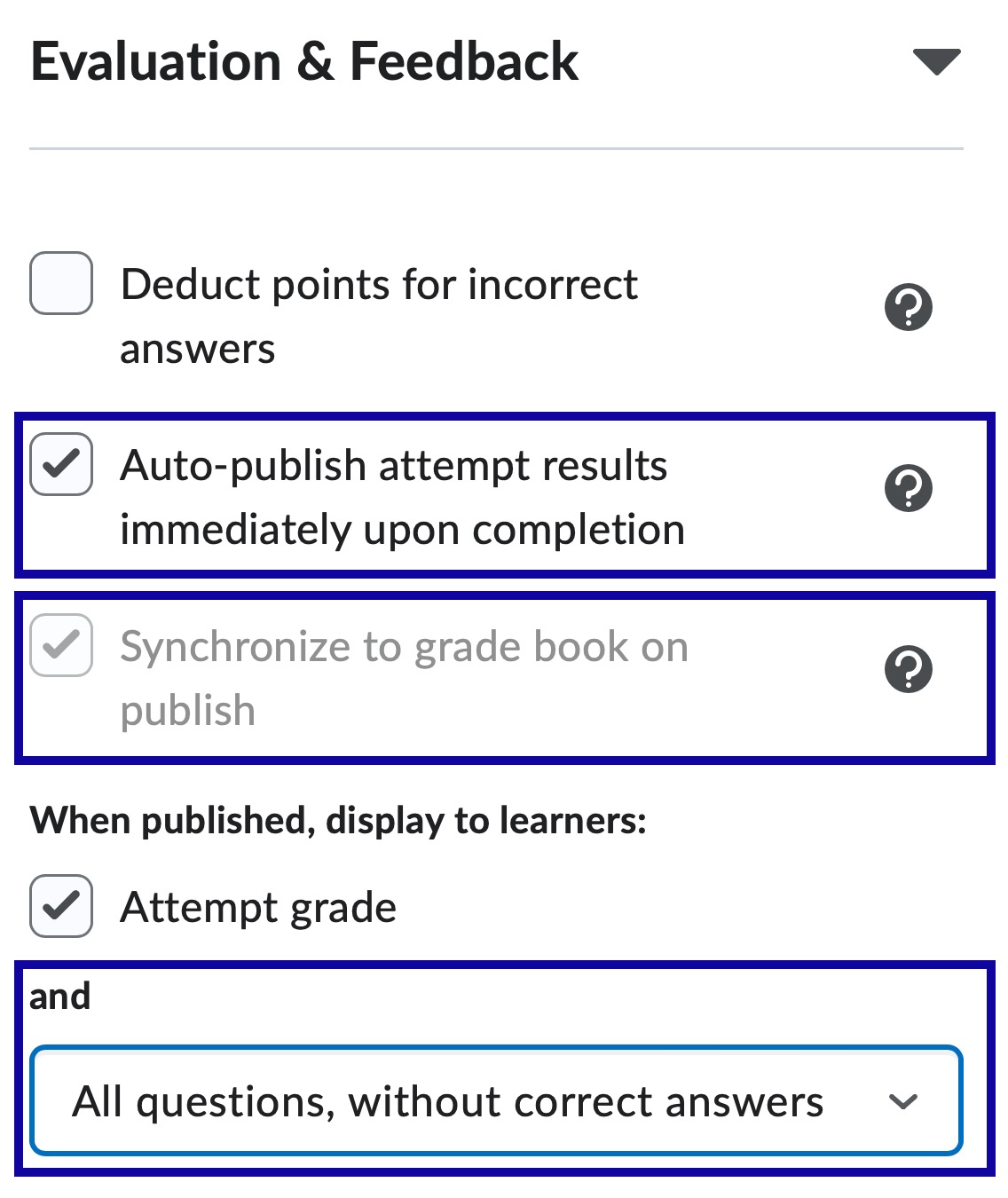 Quiz Evaluation and Feedback options