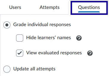 Questions tab highlighted with View evaluated responses checked