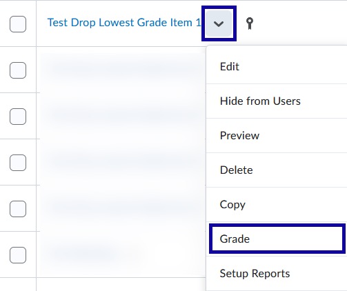 Grade highlighted in Example Quiz dropdown menu
