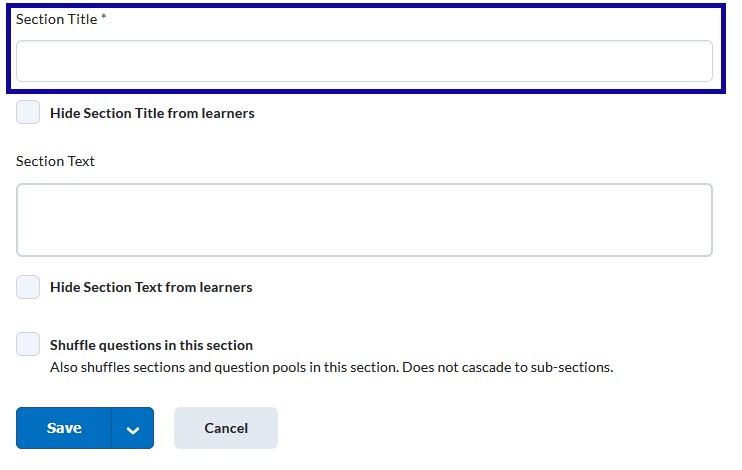 Section title field highlighted with name, and save button displayed