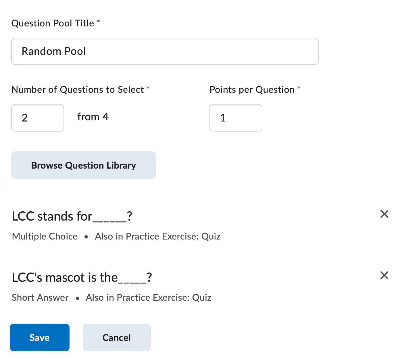 Questions selected on the Question Pool setup screen