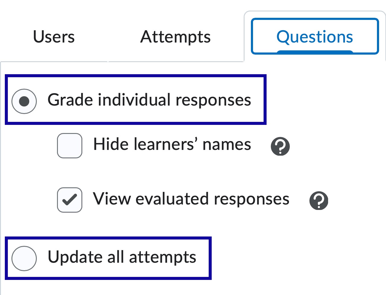 Grade individual responses or Update all attempts
