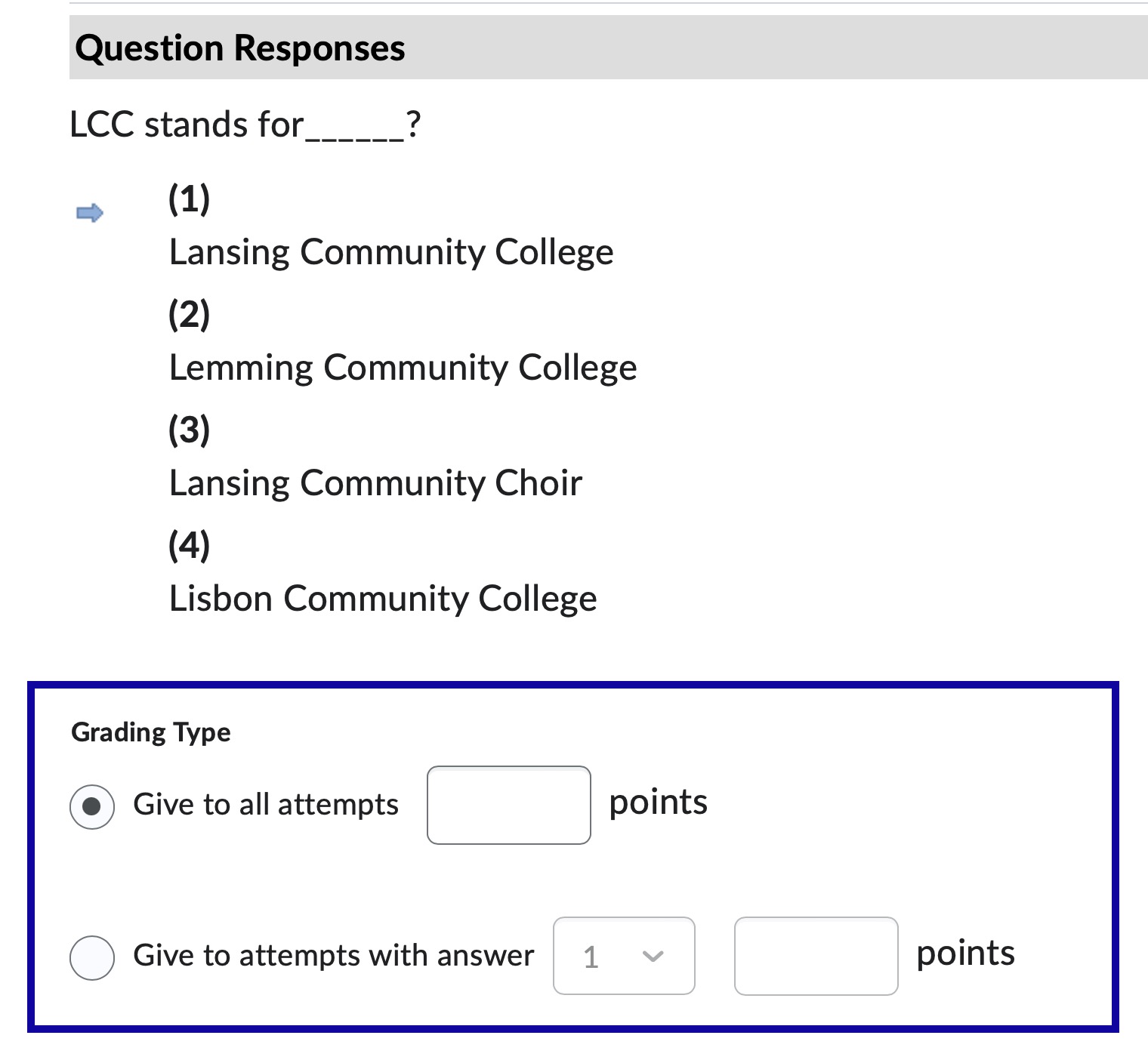 Giving either all attempts or attempts with a specific answer points