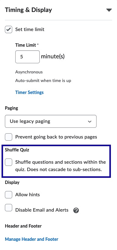 Quiz Timing Shuffle example