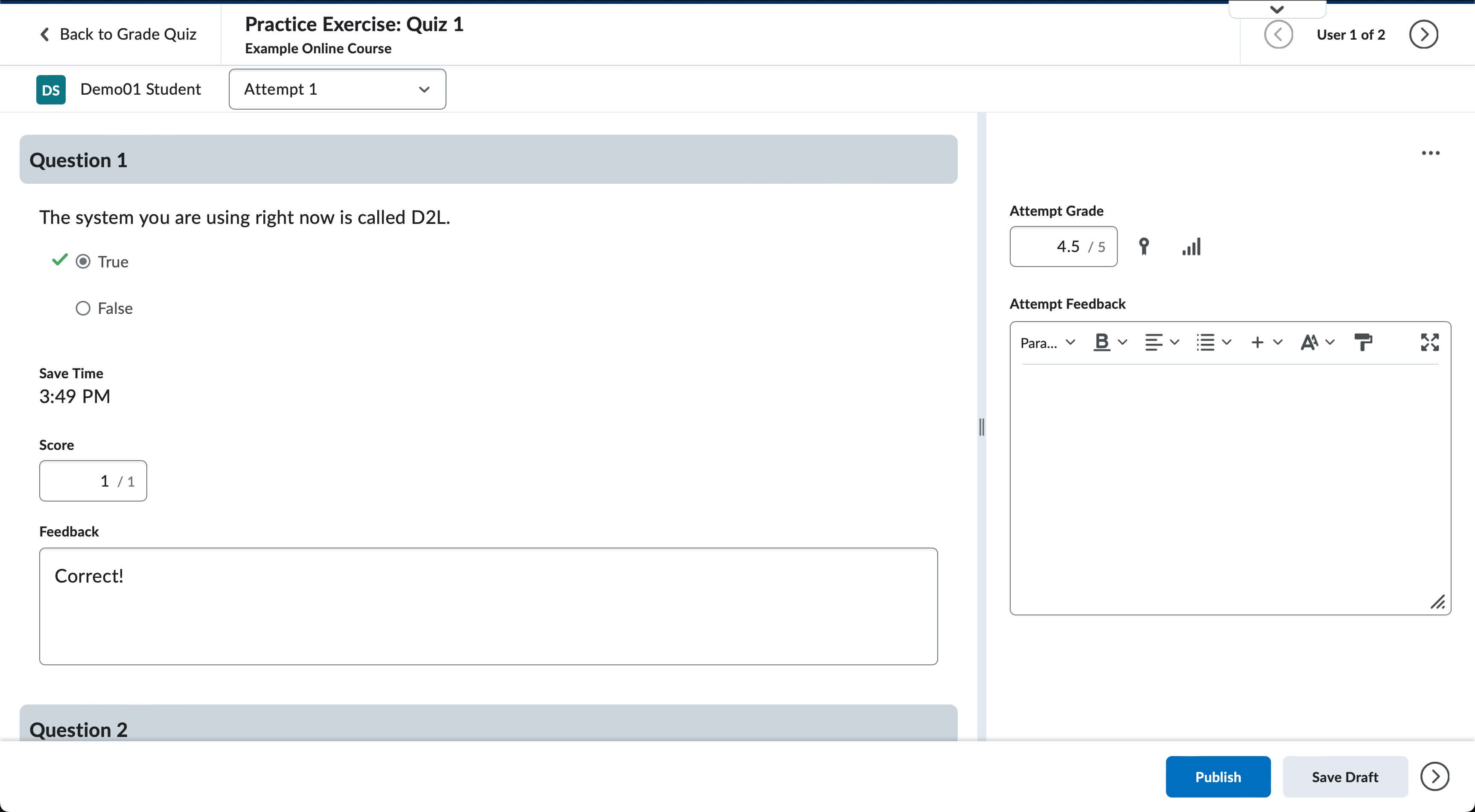 The quiz grading screen in D2L
