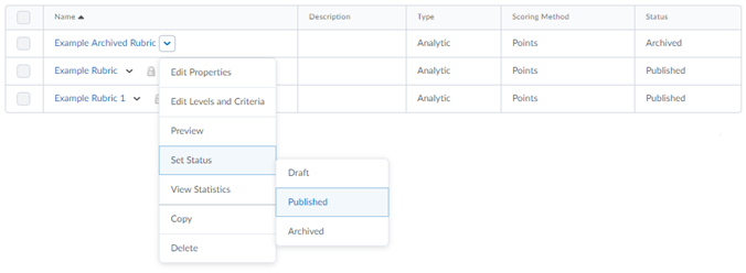 Rubric dropdown with select status and published shown