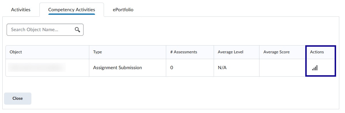 Actions column shown in competency activities tab