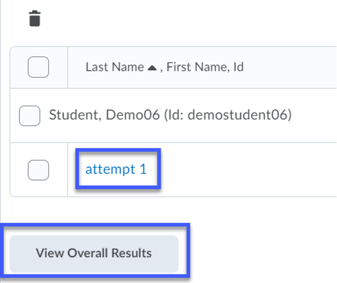 Attempt list with view overall results highlighted