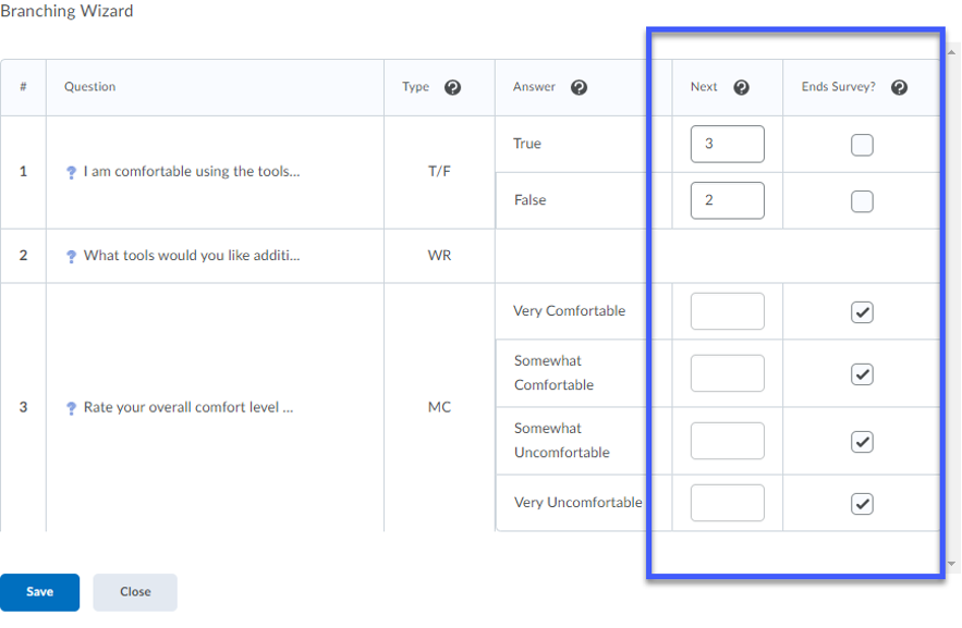 Branching wizard with next and ends survey? columns