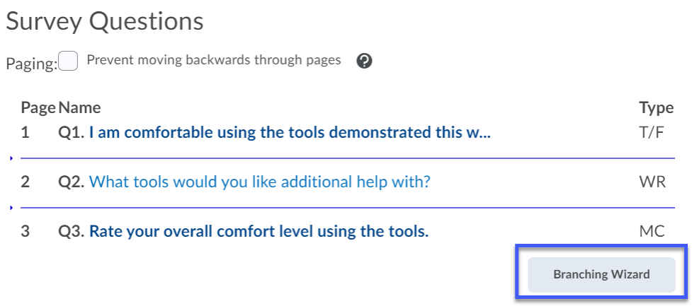 Survey questions list with branching wizard button