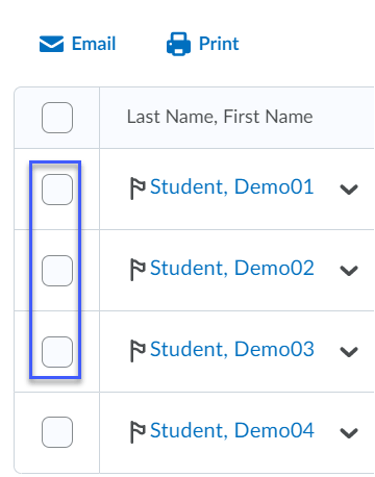 list of "students" with boxes next to them highlighted